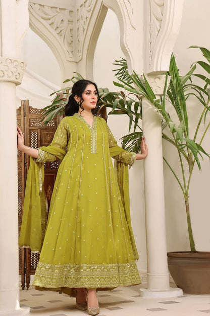 Yellow Green Embroidered Chiffon Party Wear Suit Online in Dubai UAE Abudhabi Ajman Sharjah
