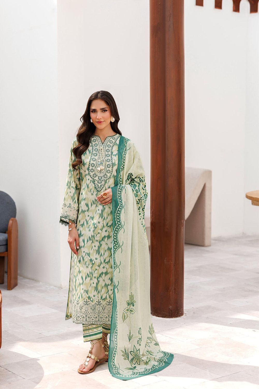 Yellow Green Embroidered Lawn Salwar Kameez Online in Dubai UAE Abudhabi Ajman Sharjah