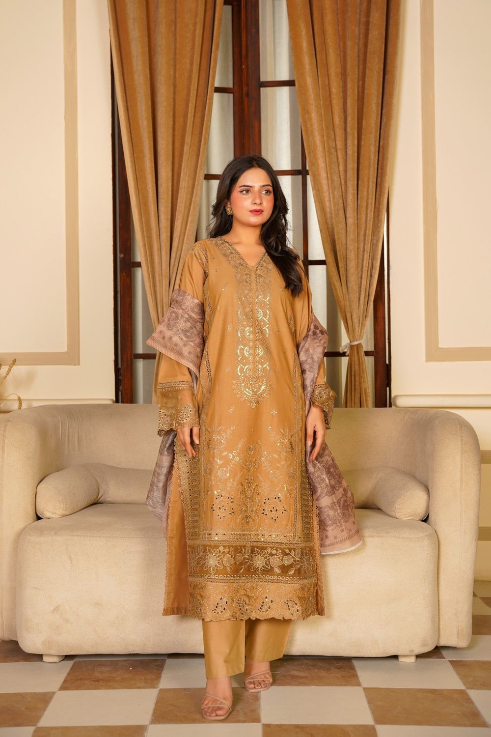 Yellow Ochre Embroidered Lawn Long Kurta Set Online in Dubai UAE Abudhabi Ajman Sharjah