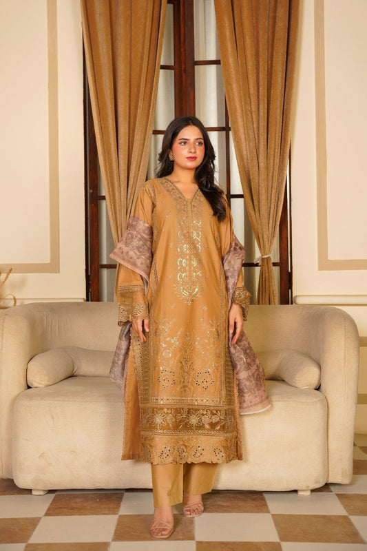 Yellow Ochre Embroidered Lawn Long Kurta Set Online in Dubai UAE Abudhabi Ajman Sharjah