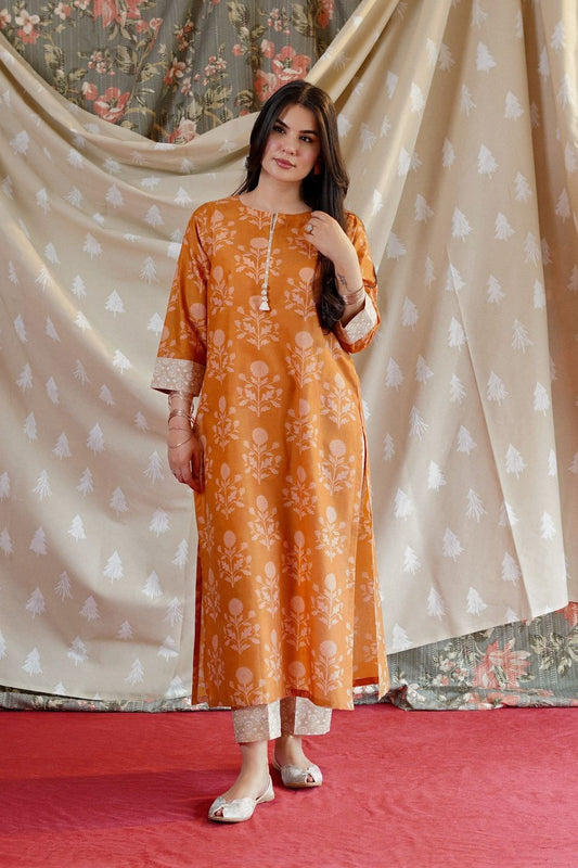 Yellow Ochre Printed Lawn Kurta Set Online in Dubai UAE Abudhabi Ajman Sharjah