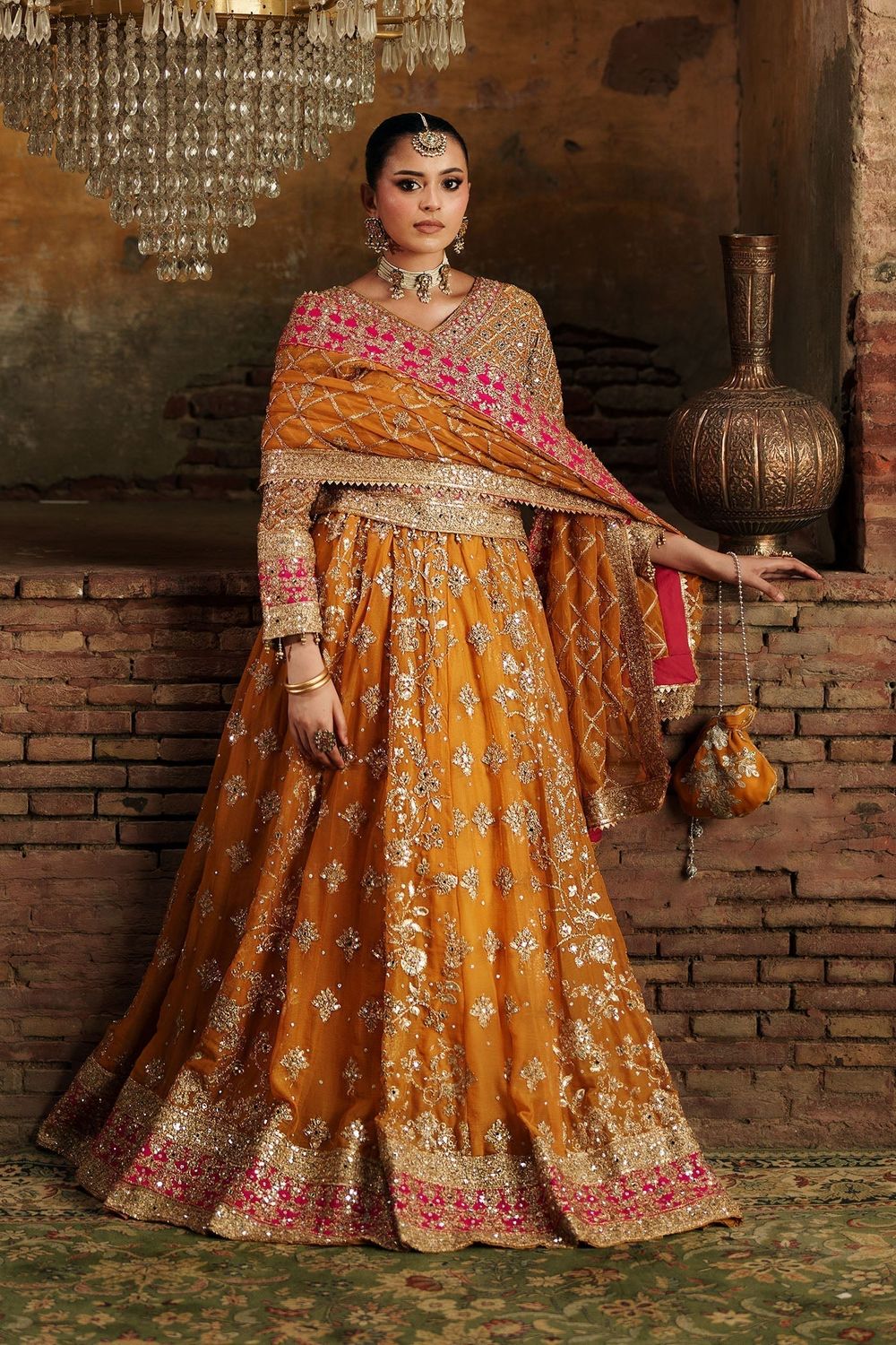 Yellow-Orange Chiffon Festive Partywear Suit Online in Dubai UAE Abudhabi Ajman Sharjah