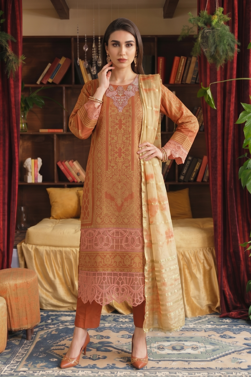 Yellow-Orange Embroidered Jacquard Party Wear Suit Online in Dubai UAE Abudhabi Ajman Sharjah