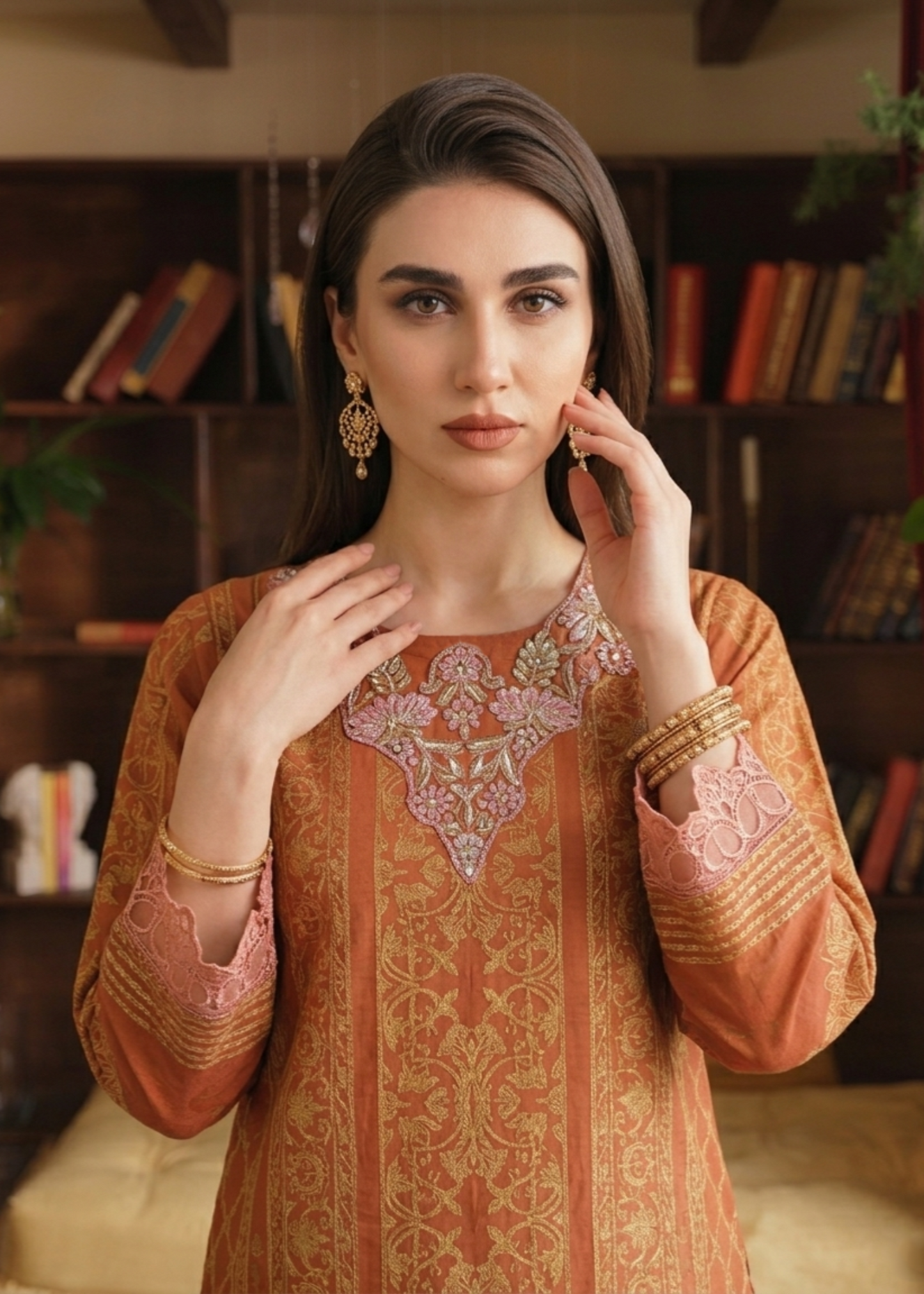 Yellow-Orange Embroidered Jacquard Party Wear Suit Online in UK USA Canada
