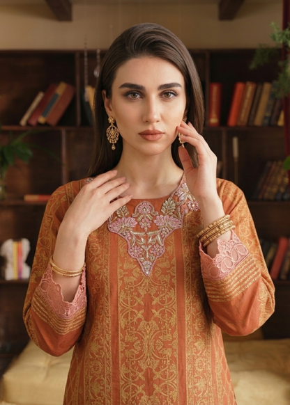 Yellow-Orange Embroidered Jacquard Party Wear Suit Online in UK USA Canada