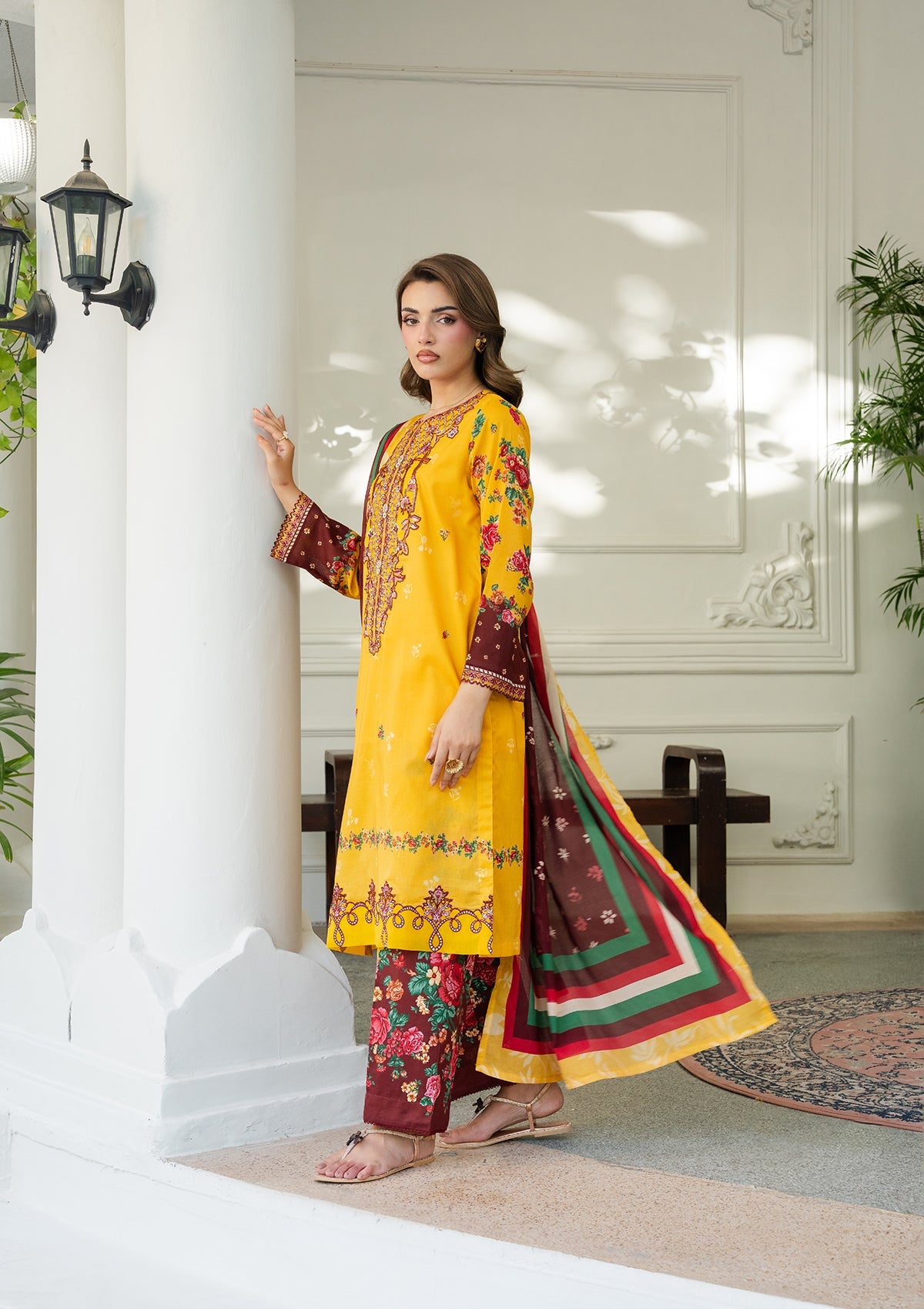 Yellow-Orange Embroidered Lawn Dress Material Online in Dubai UAE Abudhabi Ajman Sharjah