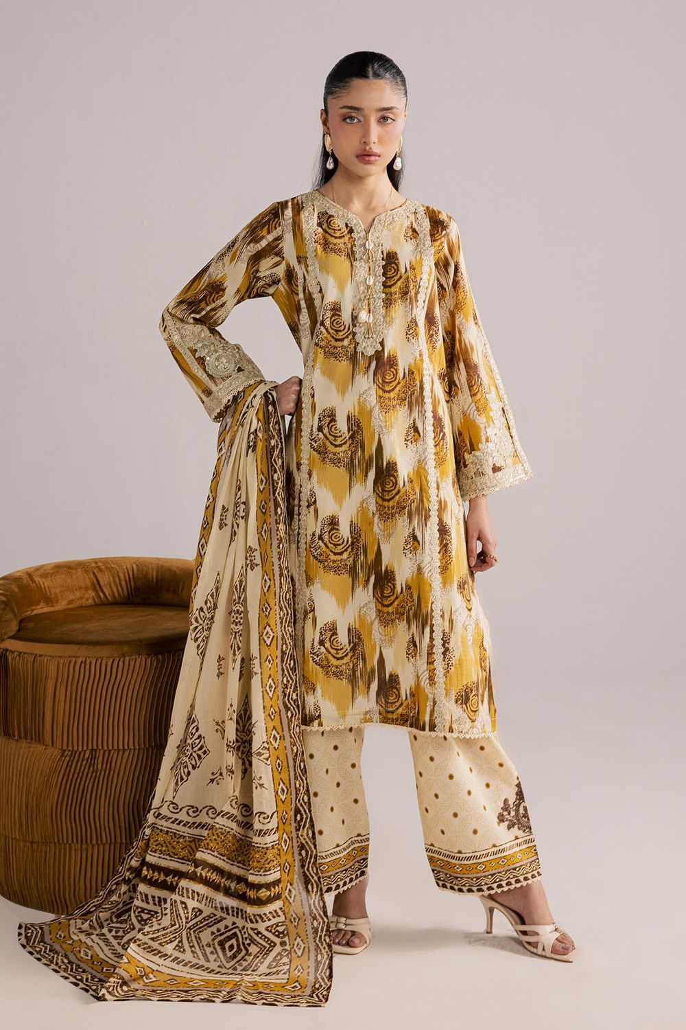 Yellow Orange Embroidered Lawn Kurta Set Online in Dubai UAE Abudhabi Ajman Sharjah
