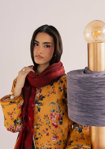 Yellow-Orange Embroidered Lawn Kurta with Dupatta Online in Dubai UAE Abudhabi Ajman Sharjah