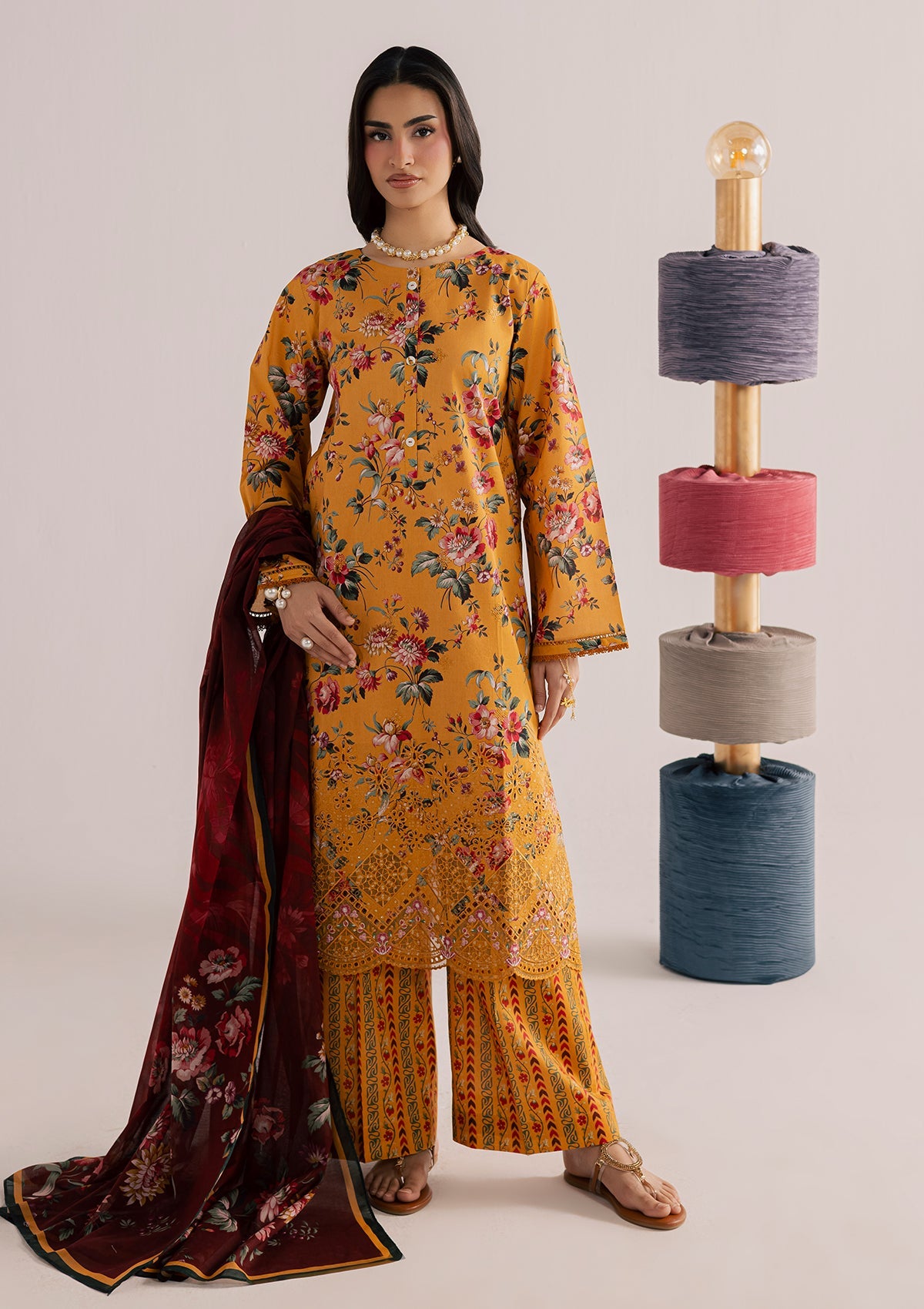 Yellow-Orange Embroidered Lawn Pakistani Suit Online in Sri Lanka India Australia