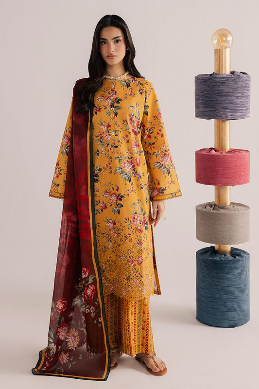 Yellow-Orange Embroidered Lawn Suit Online in Dubai UAE Abudhabi Ajman Sharjah