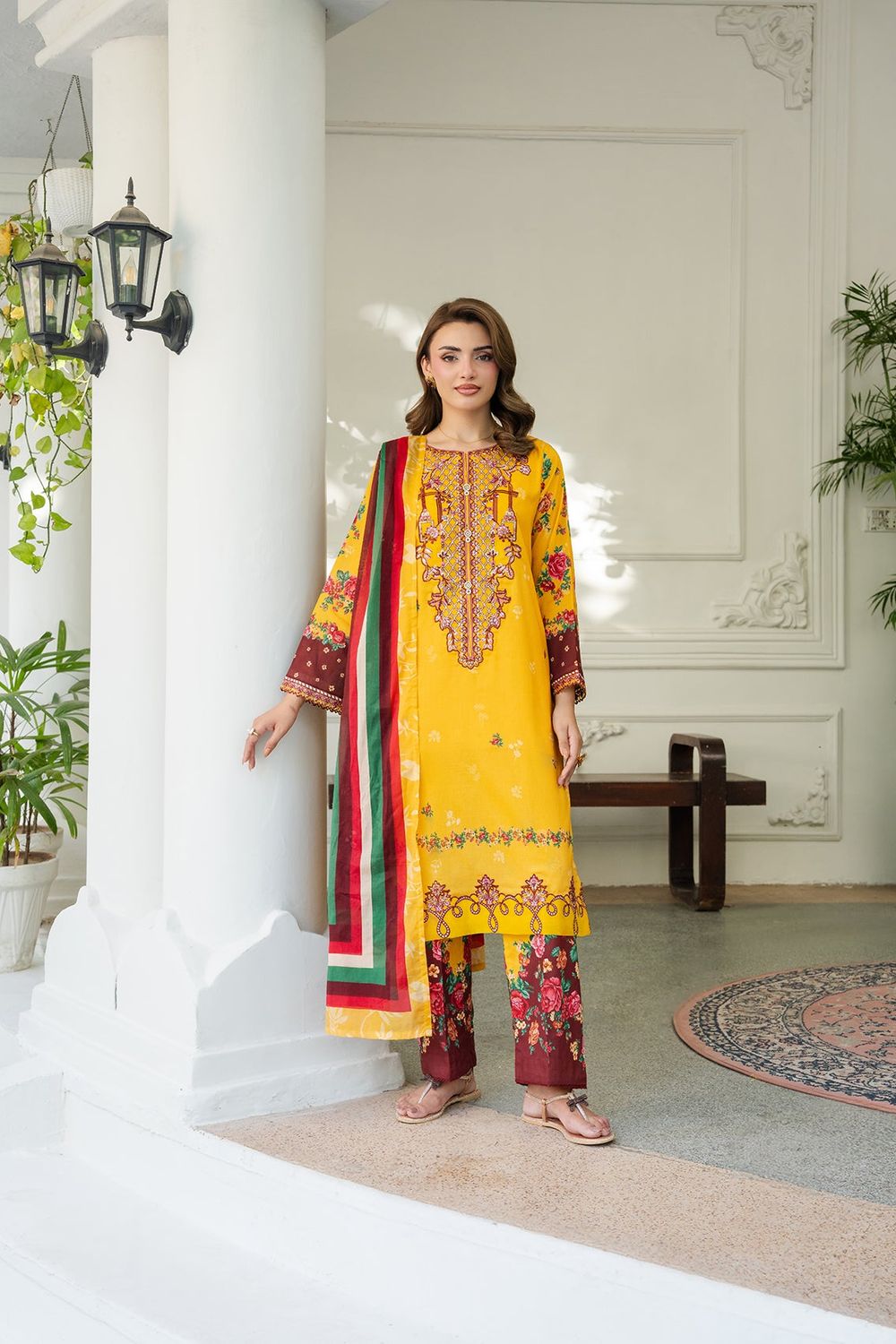 Yellow-Orange Embroidered Lawn Suit Online in Dubai UAE Abudhabi Ajman Sharjah