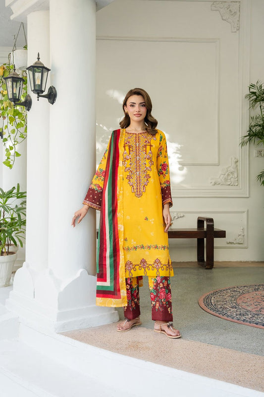 Yellow-Orange Embroidered Lawn Suit Online in Dubai UAE Abudhabi Ajman Sharjah