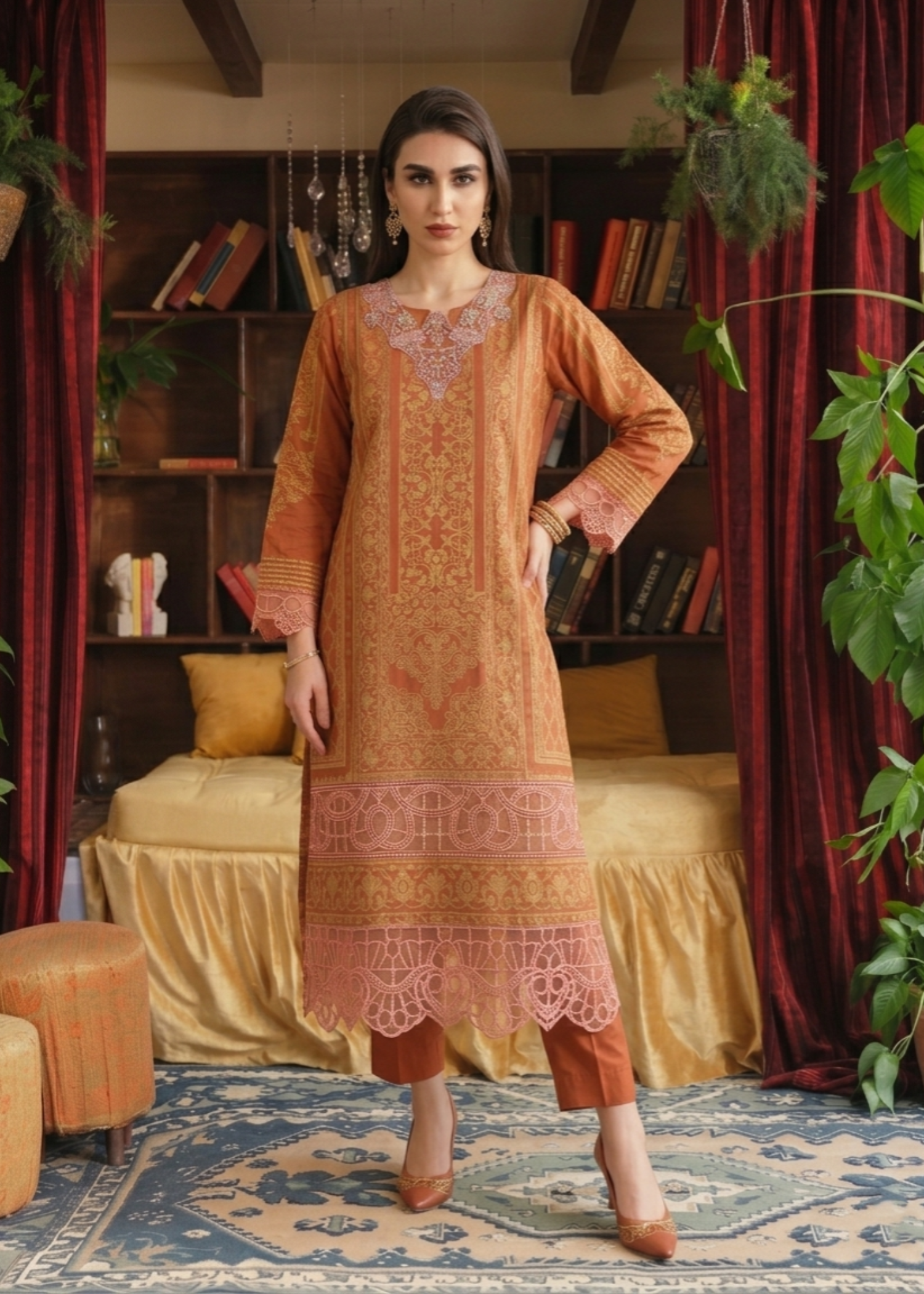 Yellow-Orange Festive Wear Jacquard Suit Online in Sri Lanka India Australia