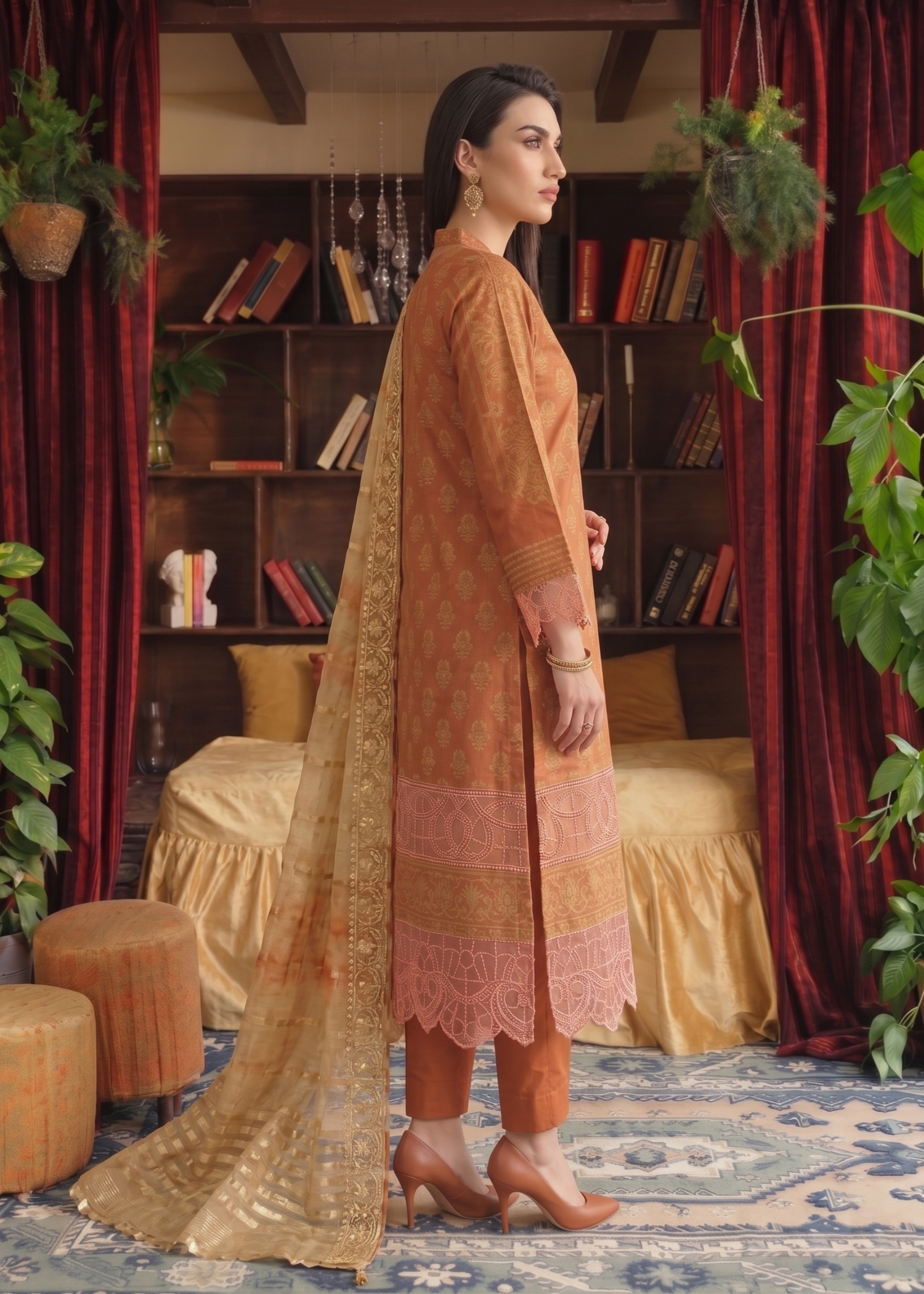 Yellow-Orange Jacquard Embroidered Ladies Suit Online in Dubai UAE Abudhabi Ajman Sharjah