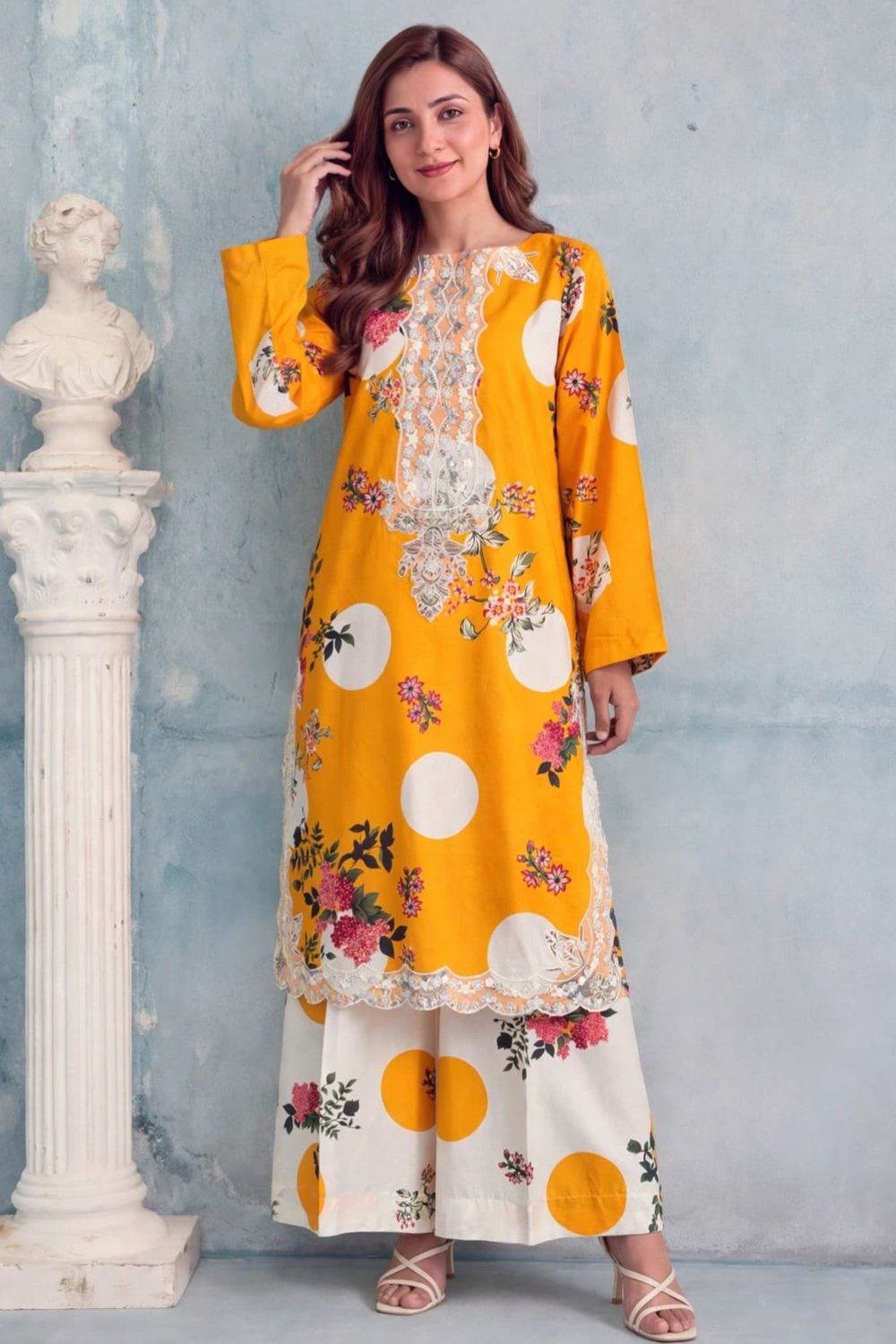 Yellow-Orange Printed Cotton Kurta Set Online in Dubai UAE Abudhabi Ajman Sharjah