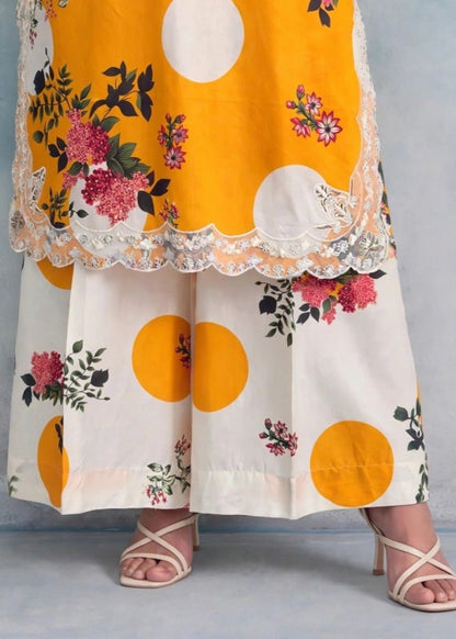 Yellow-Orange Printed Cotton Kurta Set Online in UK USA Canada
