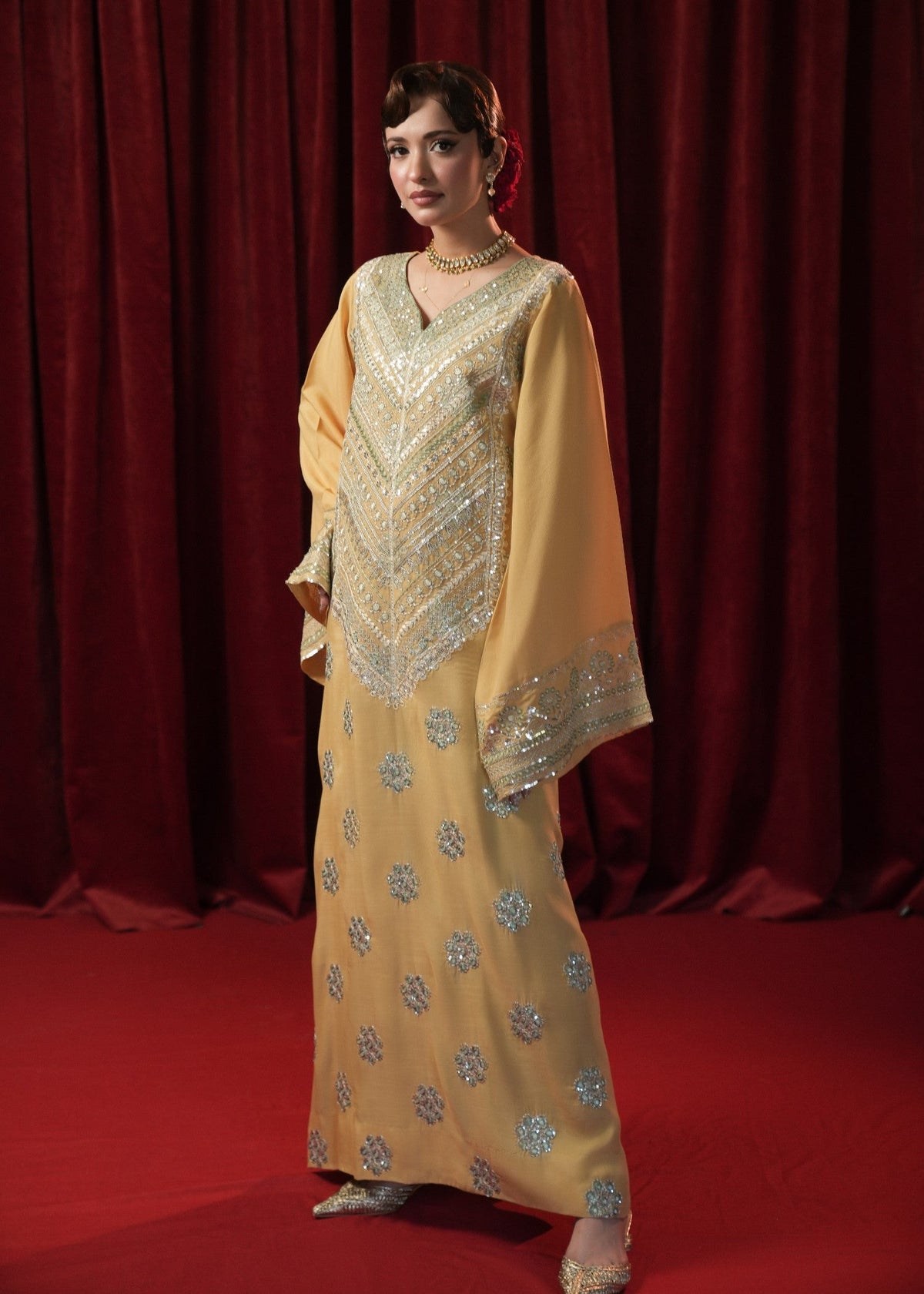 Yellow Partywear Kaftan with Sequin Embroidery Online in UK USA Canada