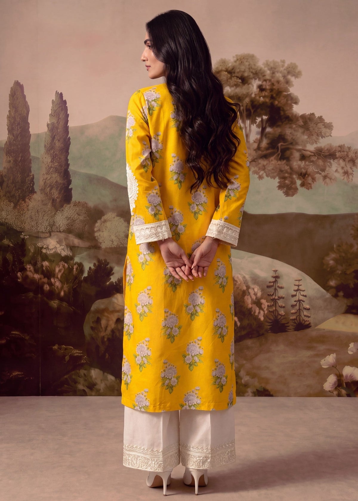 Yellow Patchwork Cotton Kurta Set for Women Online in KSA Riyadh Saudi Arabia Oman Bahrain Qatar