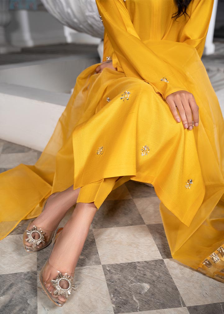 Yellow Pearl and Stone Work Silk Partywear Suit Online in Sri Lanka India Australia