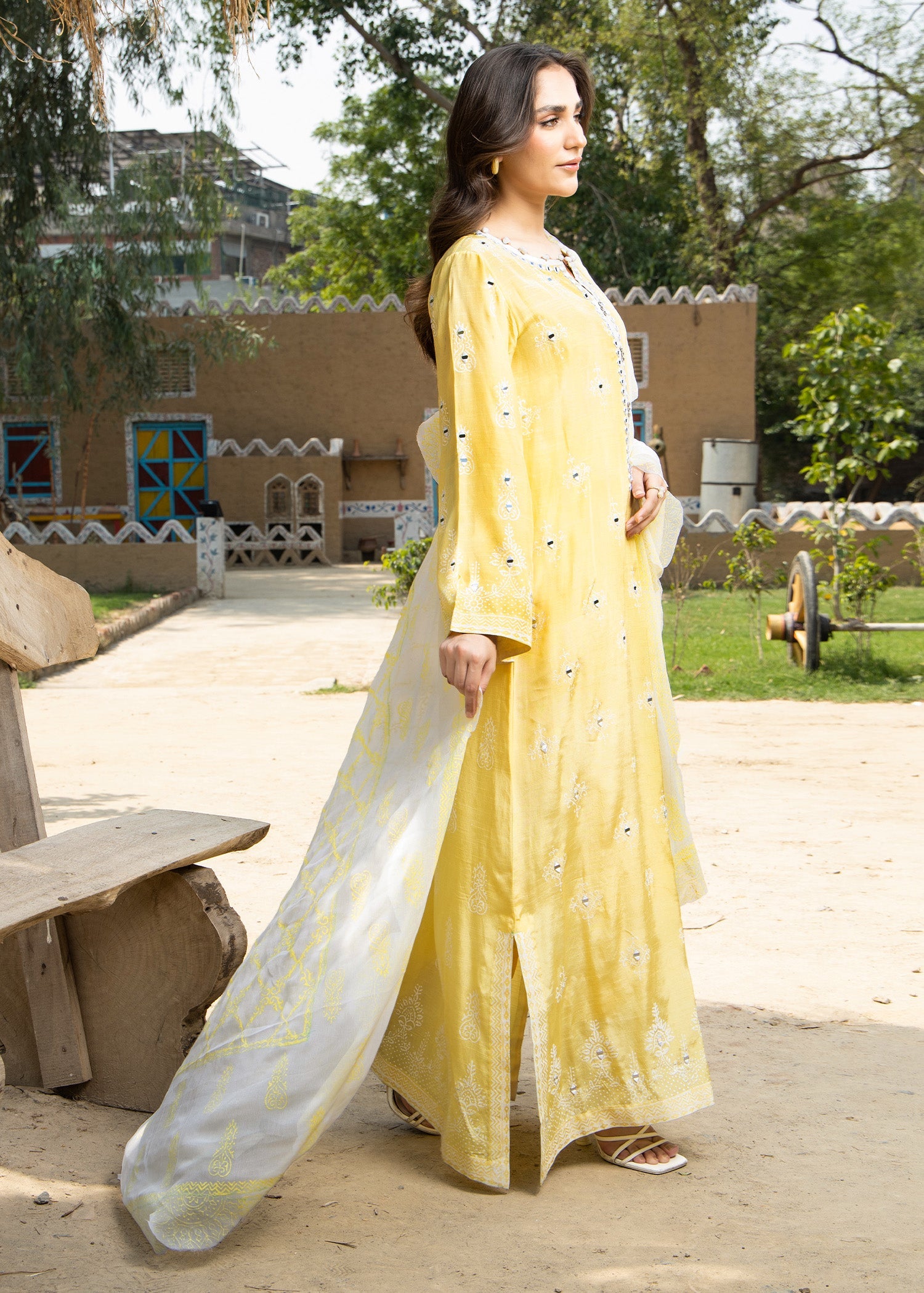 Yellow Raw Silk Embroidered Long Kurta Capri Suit Online in Dubai DXB UAE Abudhabi Meena Bazaar