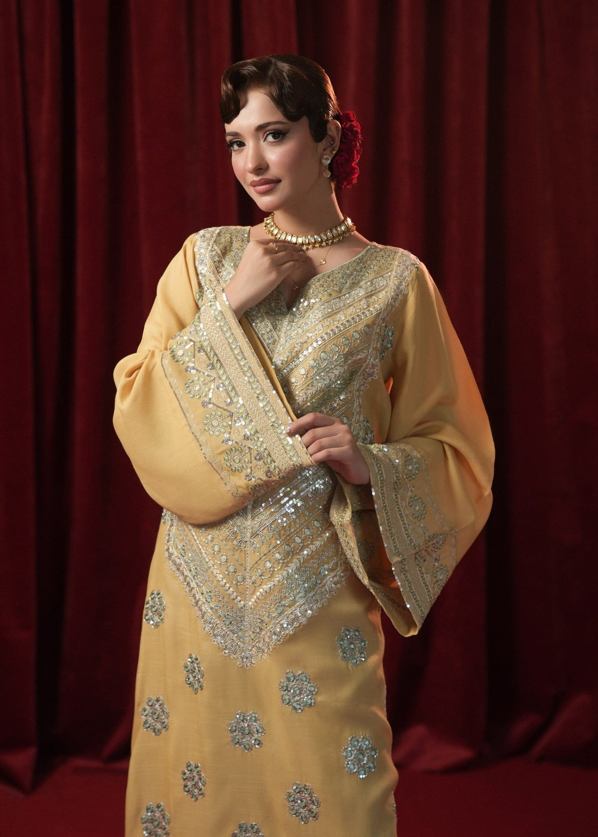 Yellow Raw Silk Kaftan with Silver Embroidery Online in KSA Riyadh Saudi Arabia Oman Bahrain Qatar