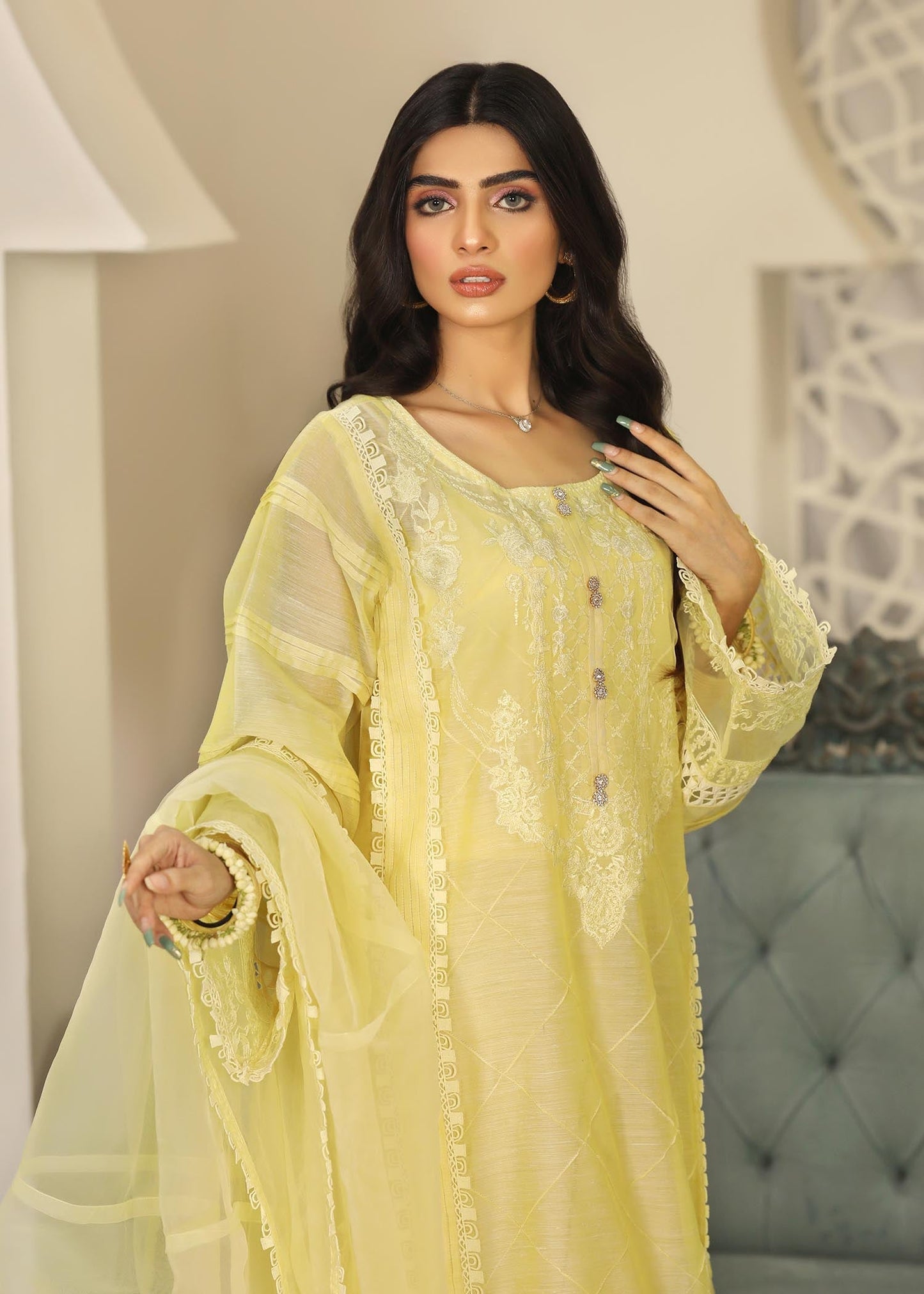 Yellow Raw Silk Trouser Organza Dupatta Suit Online in Sri Lanka India Australia