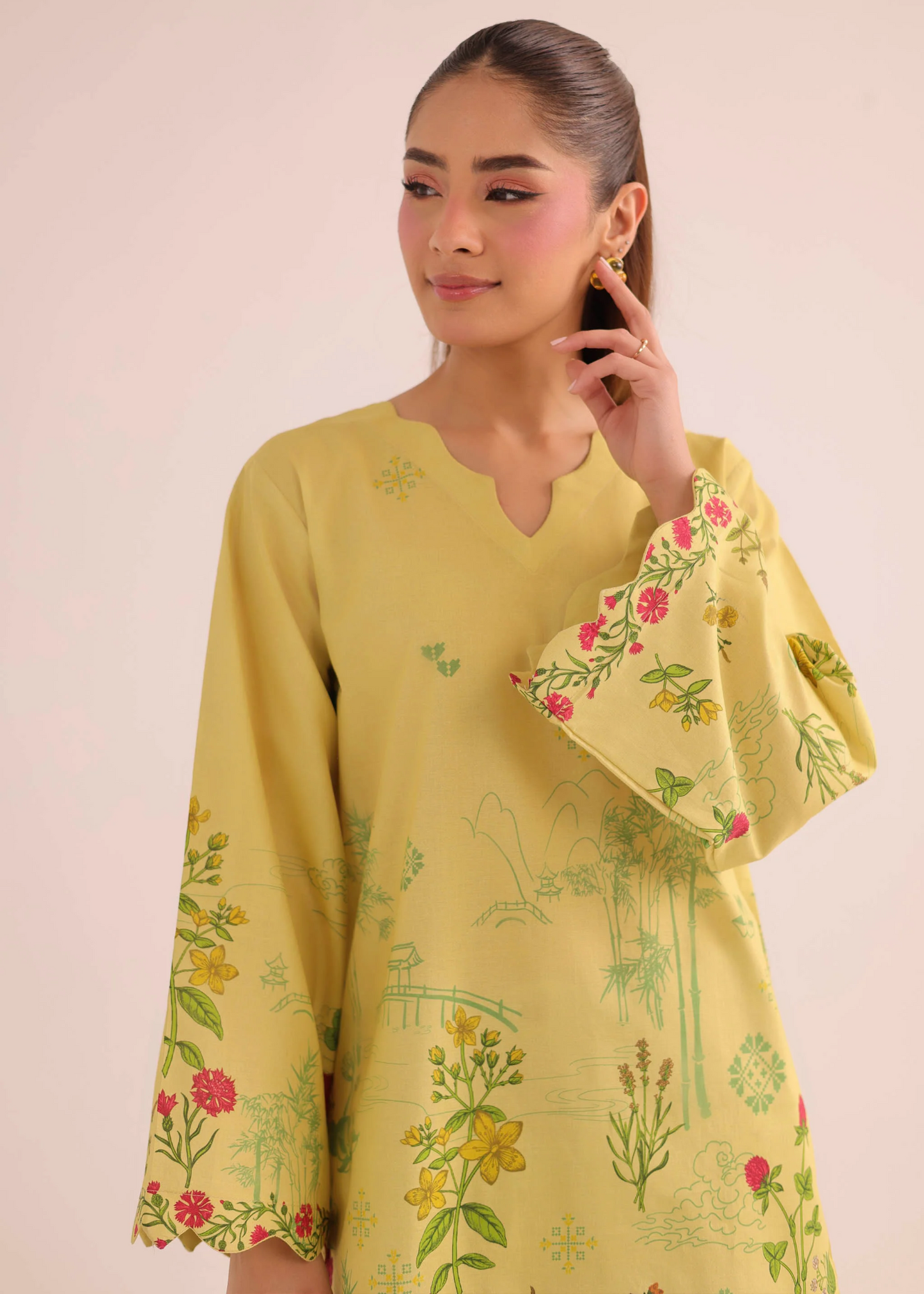Yellow Straight Cut Kurti with Trousers Online in KSA Riyadh Saudi Arabia Oman Bahrain Qatar