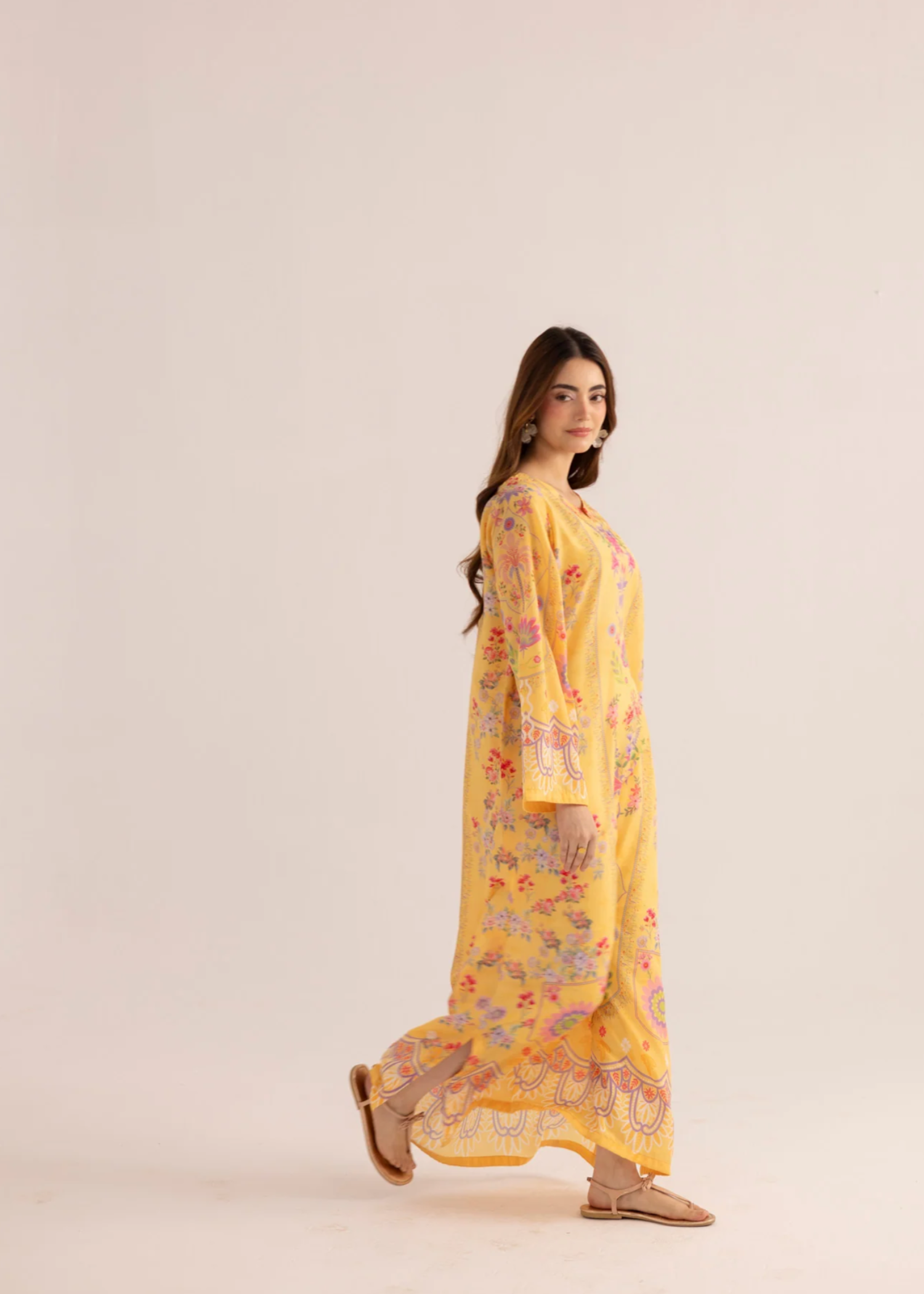 Yellow Sublimation Printed Kaftan for Women Online in KSA Riyadh Saudi Arabia Oman Bahrain Qatar