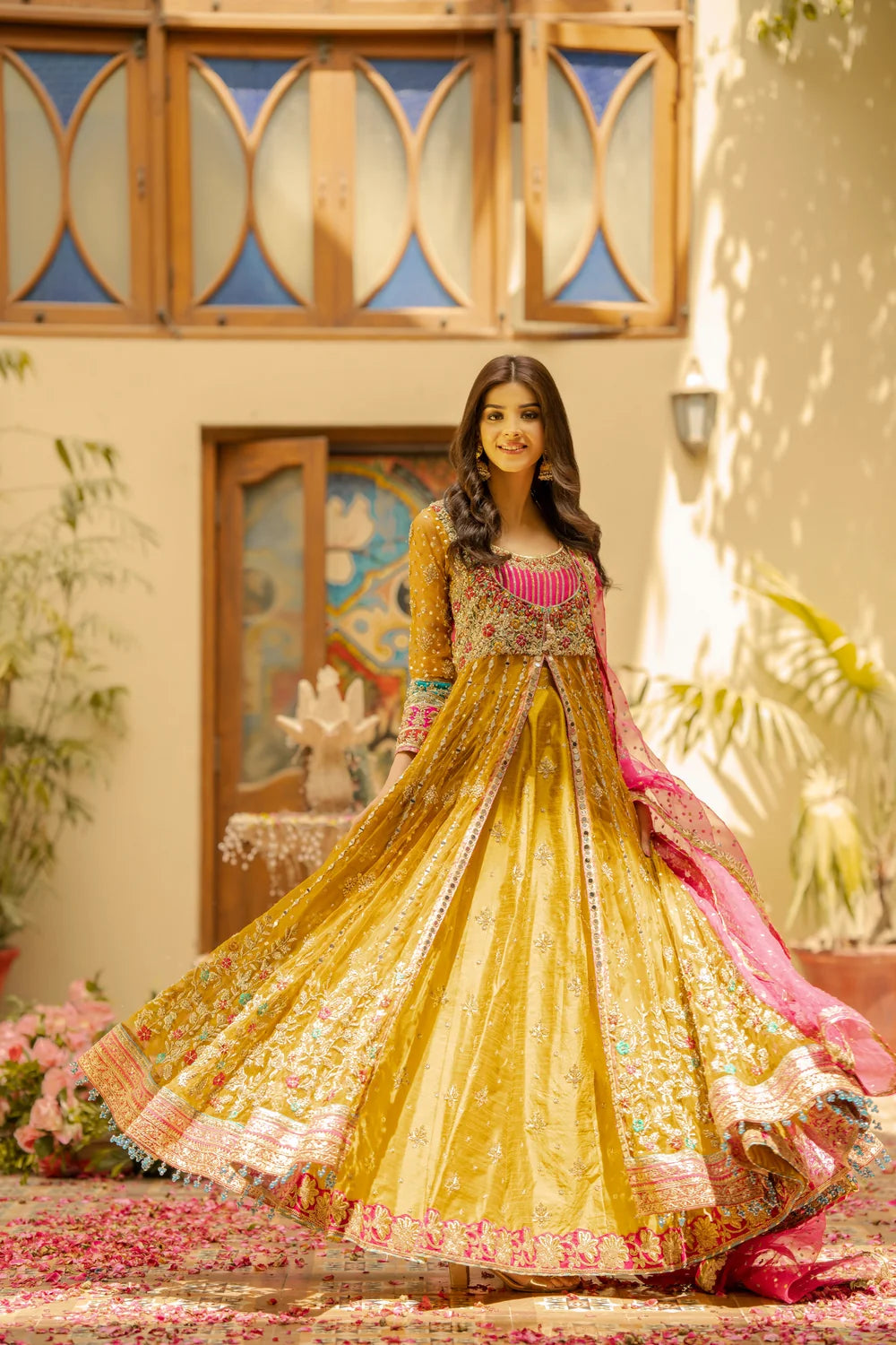 Yellow Koti-Style Embellished Net Bridal Anarkali Maxi / Lehenga Choli