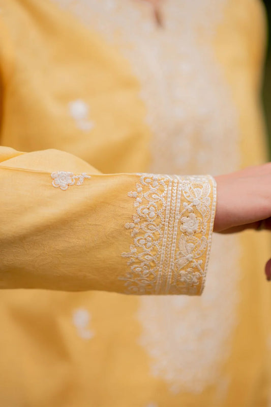 Yellow Embroidered Lawn Kurta