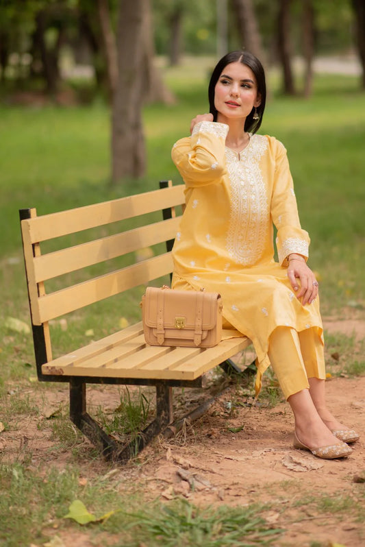 Yellow Embroidered Lawn Kurta