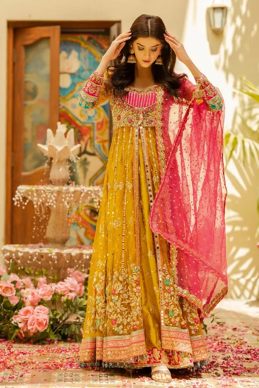 Yellow Koti-Style Embellished Net Bridal Anarkali Maxi / Lehenga Choli