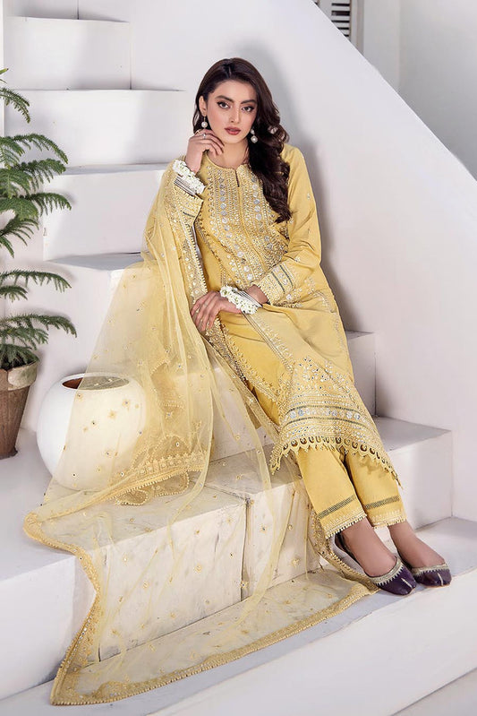Yellow Hand Embroidered Pure Cotton Chikankari Suit