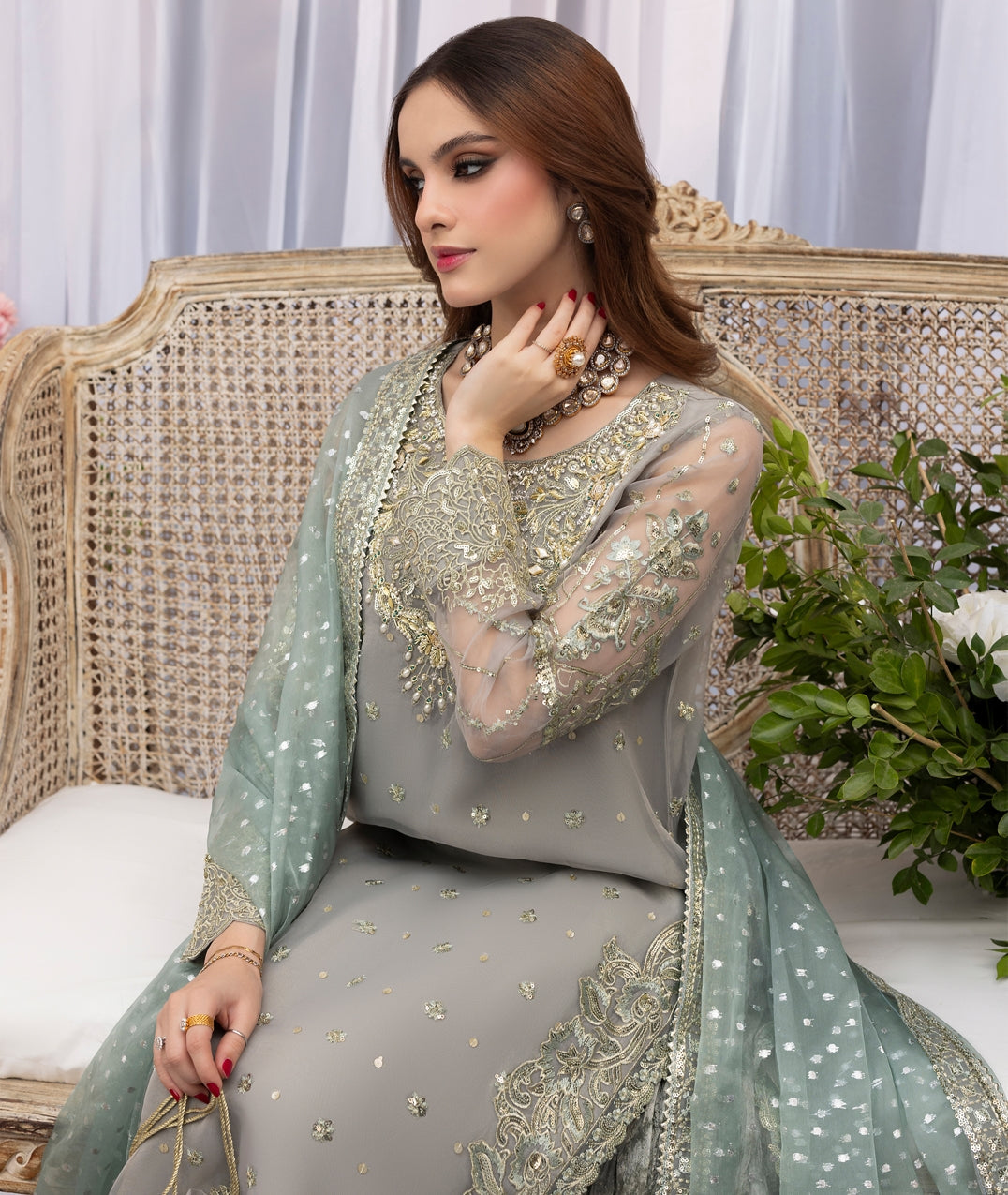 Zardozi Embroidered Ice Blue Pakistani Wedding Sharara Online in KSA Riyadh Saudi Arabia Oman Bahrain Qatar