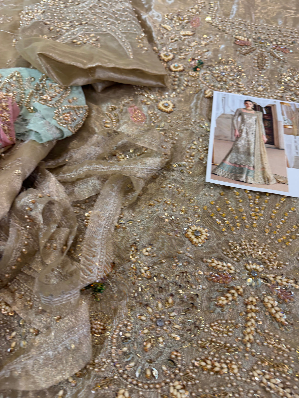 Zardozi Work Golden Chiffon Bridal Salwar Kameez Online in KSA Riyadh Saudi Arabia Oman Bahrain Qatar