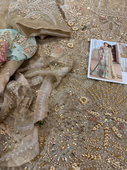 Zardozi Work Golden Chiffon Bridal Salwar Kameez Online in KSA Riyadh Saudi Arabia Oman Bahrain Qatar