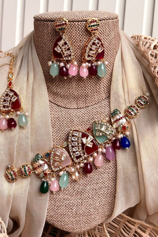Zarelle Multi Turkish Choker Set with Earrings and Tikka Online in Dubai UAE Abudhabi Ajman Sharjah