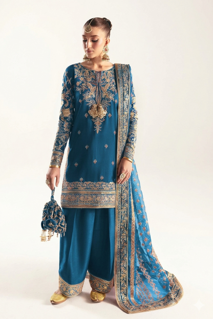 Zinc Blue Hand Embellished Raw Silk Partywear Suit Online in Dubai UAE Abudhabi Ajman Sharjah