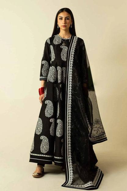 Jet Black Embroidered Lawn Suit with Chiffon Dupatta