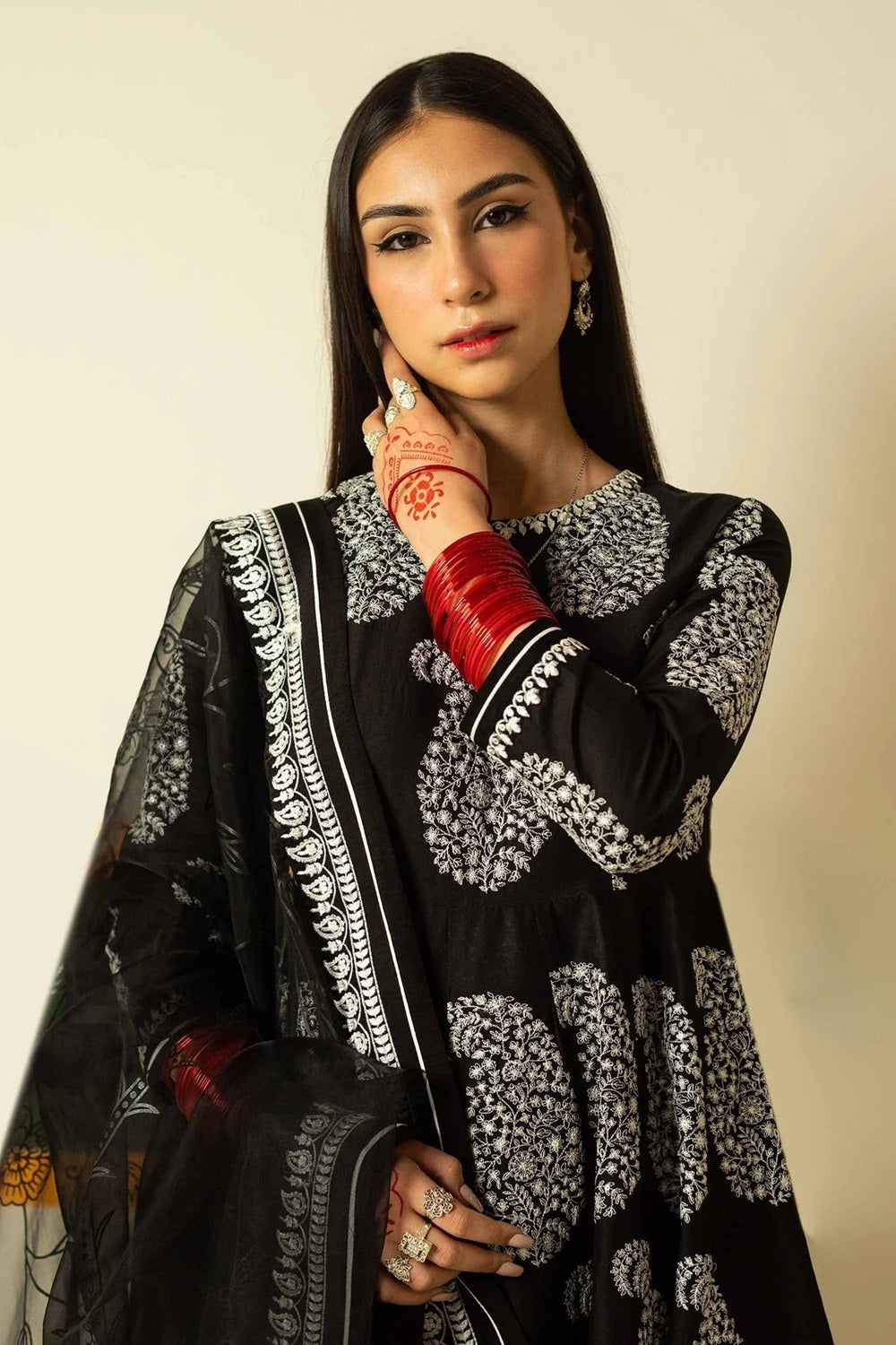 Jet Black Embroidered Lawn Suit with Chiffon Dupatta