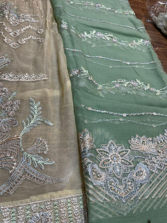 Skin Beige Embroidered Chiffon Suit