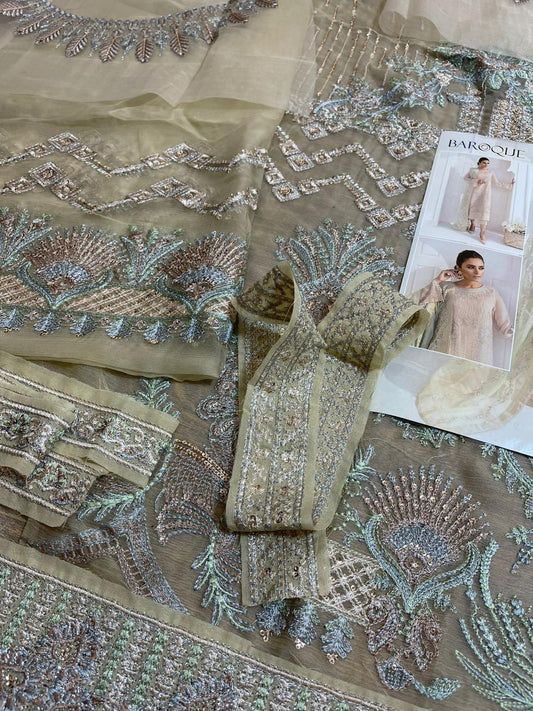 Skin Beige Embroidered Chiffon Suit