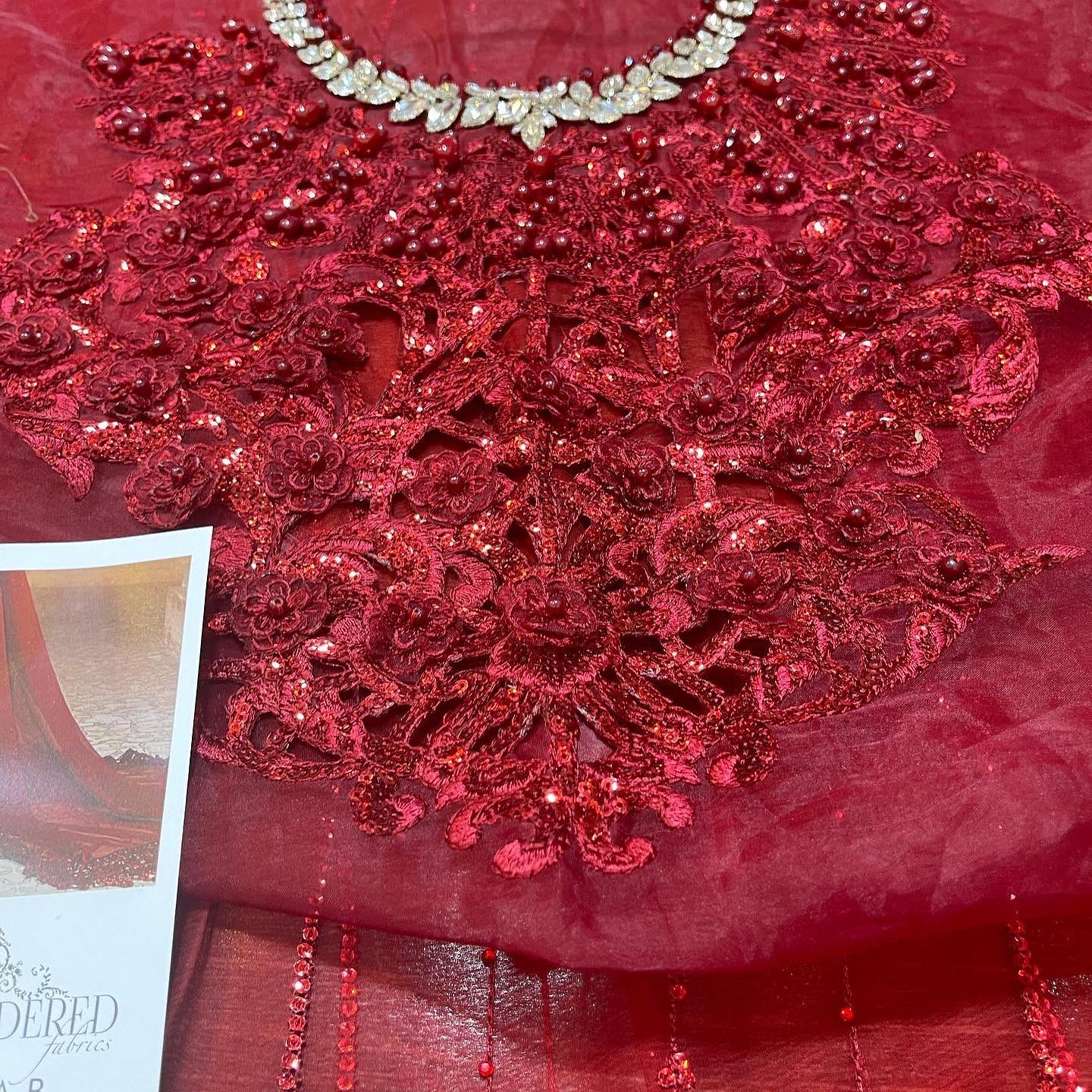 Ruby Red Hand Embellished Chiffon Gharara