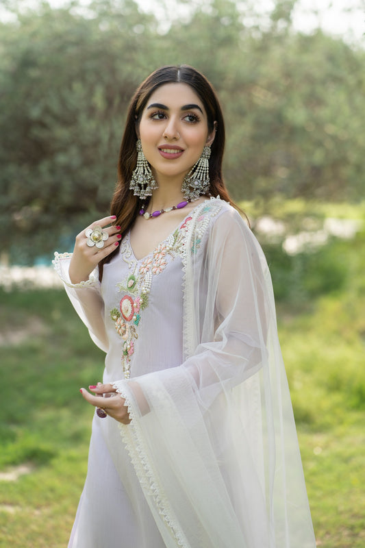 Hand Embroidered Cotton Suit with Pearl Work