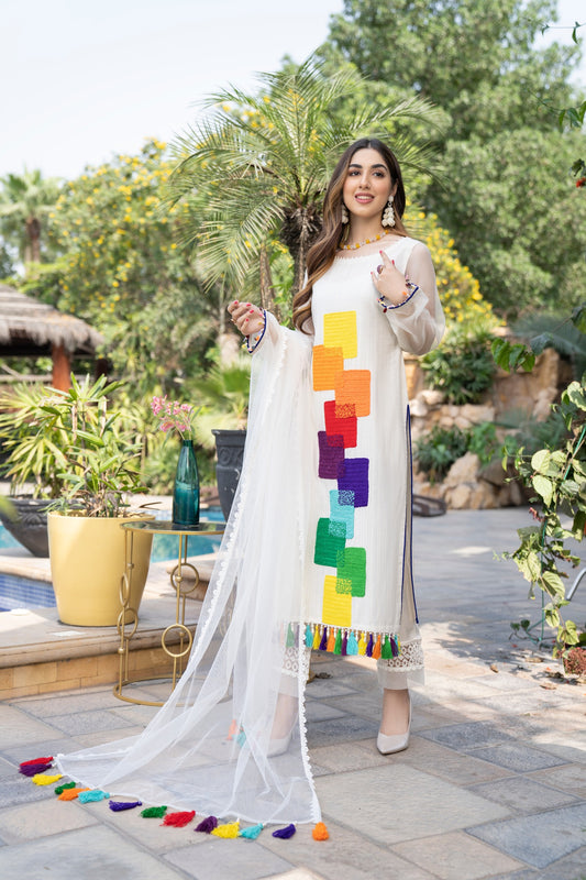 White Readymade Hand Embroidered Cotton Suit