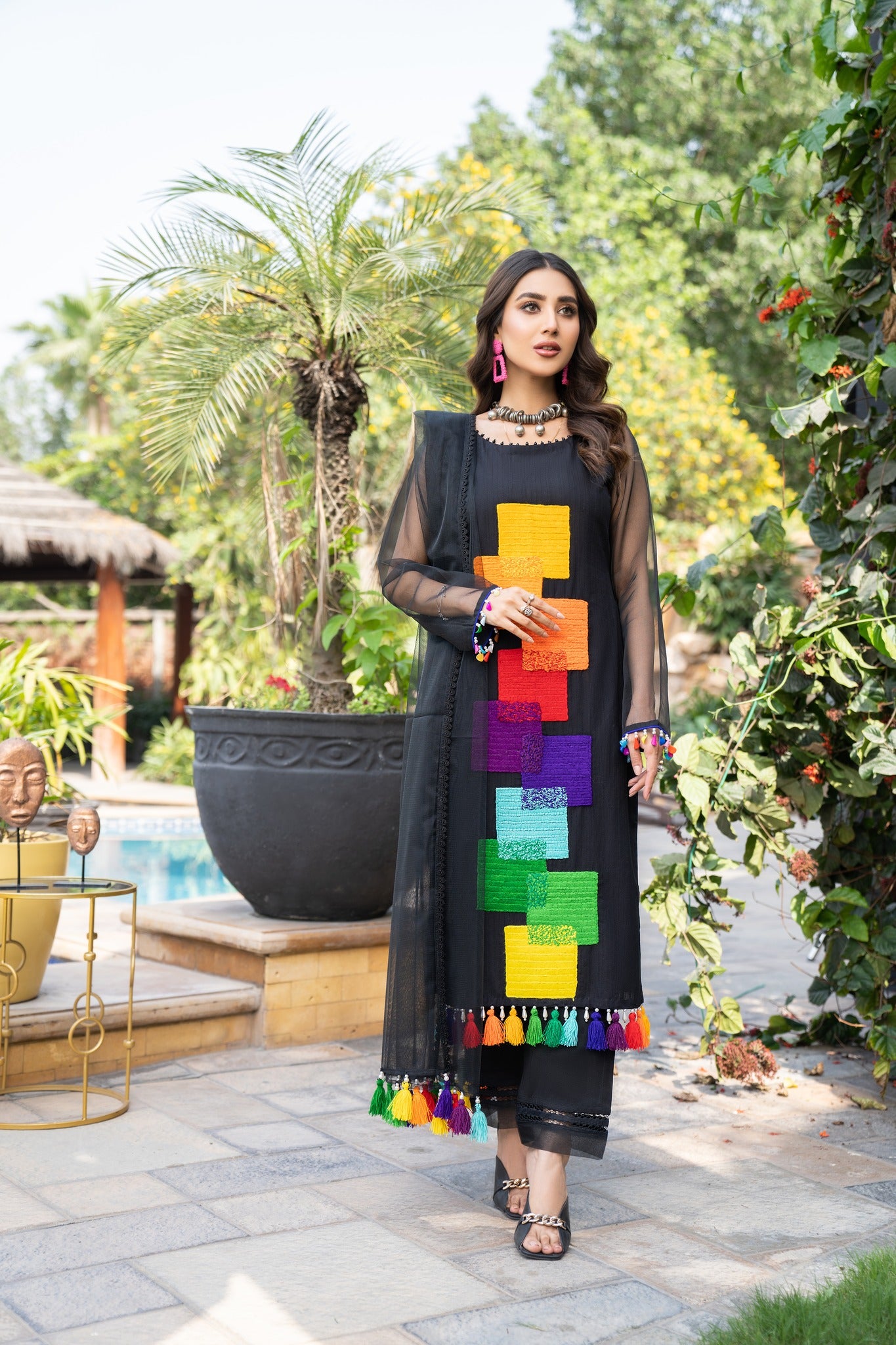 Black Readymade Hand Embroidered Cotton Suit