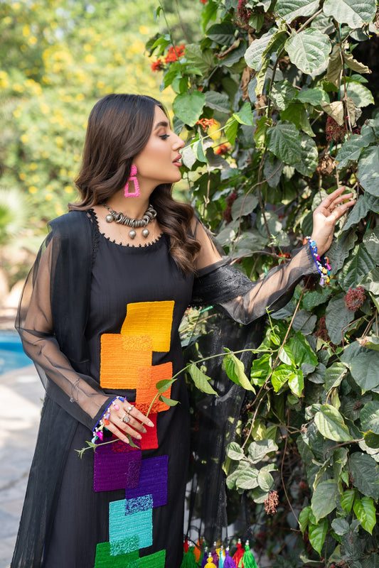 Hand Embroidered Black 100% Pure Cotton Suit