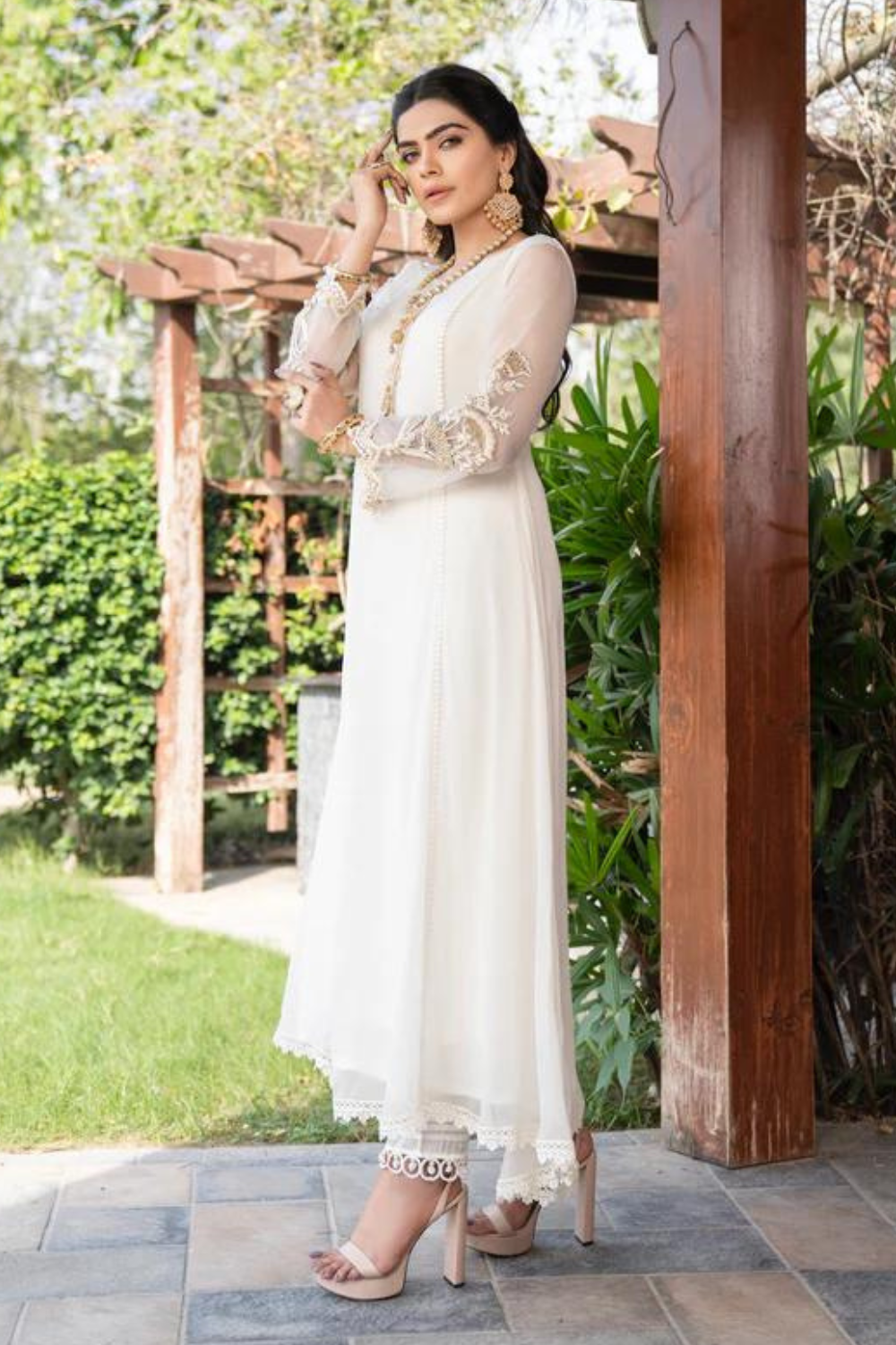 white and gold anarkali chiffon party wear suit latest design online in uae