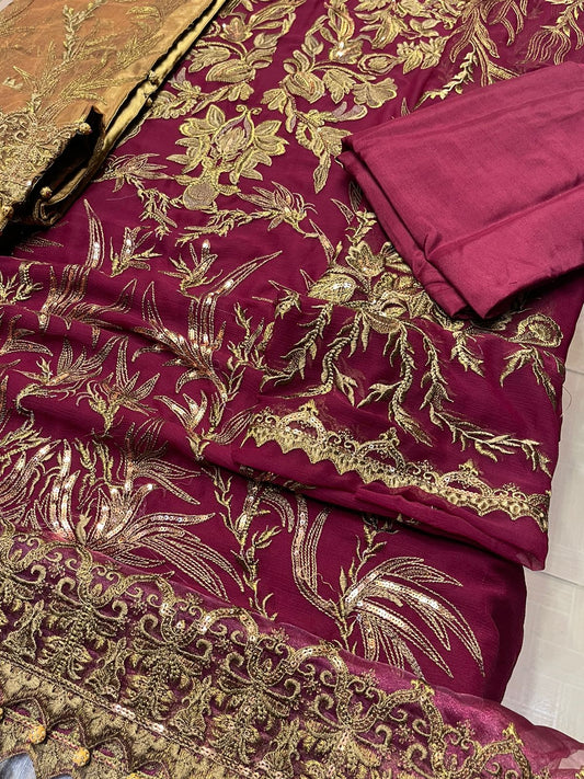 Maroon Embroidered Chiffon Suit