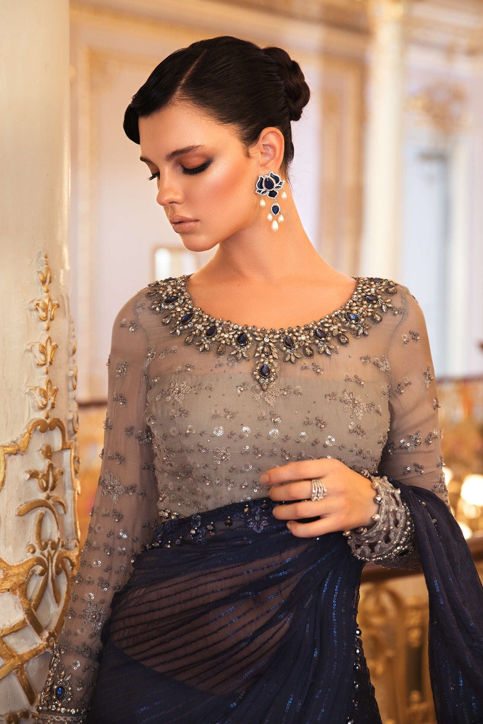 Chiffon Saree With Heavy Mirror Work designer Blouse – elegantfashionwear